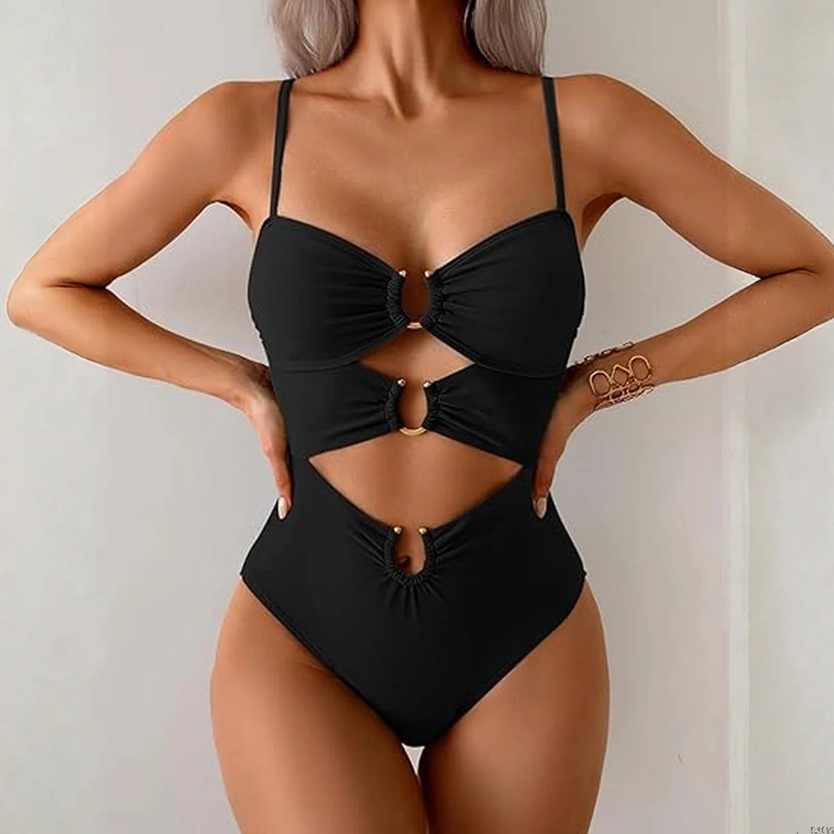 Sexy Cutout Swimsuit Solid Color Summer Spaghetti Strap Color Block Ring Detail One Piece Beach High Cut Bathing Suit - Chrissy's Eye