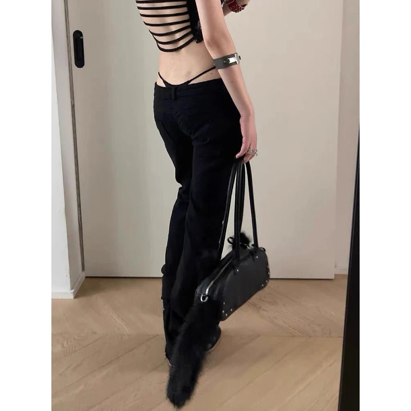 ZHIZOU Women Low Rise Jeans Black Flared Denim Pants Gyaru American Retro Korean Cyber Punk Trumpet Jeans Y2k Skinny Bell Bottom - Chrissy's Eye