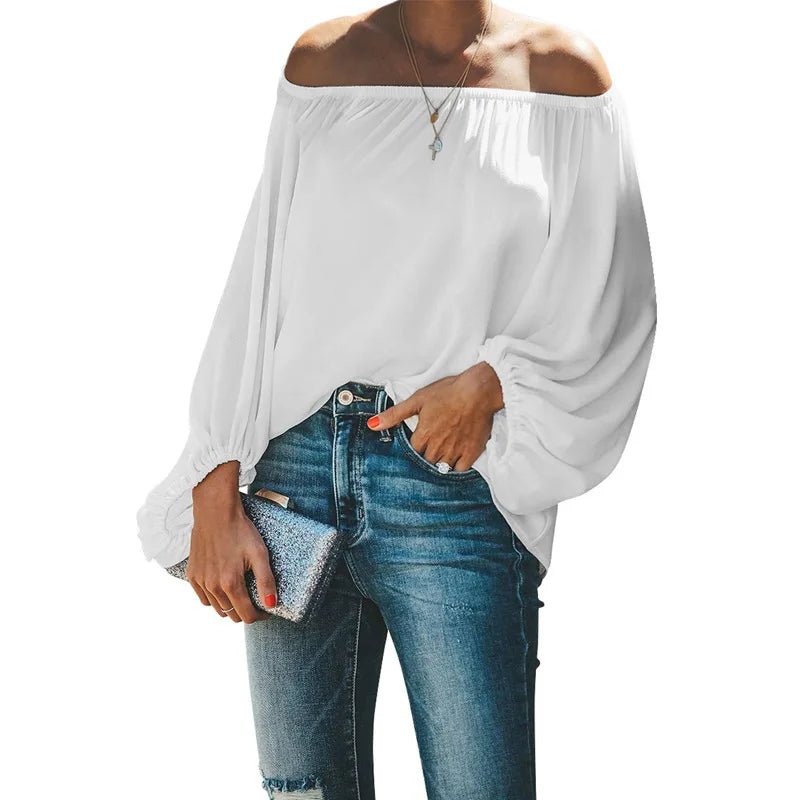 2024 off-shoulder tops for women autumn new one-shoulder solid color lantern sleeves loose long-sleeved T-shirt - Chrissy's Eye
