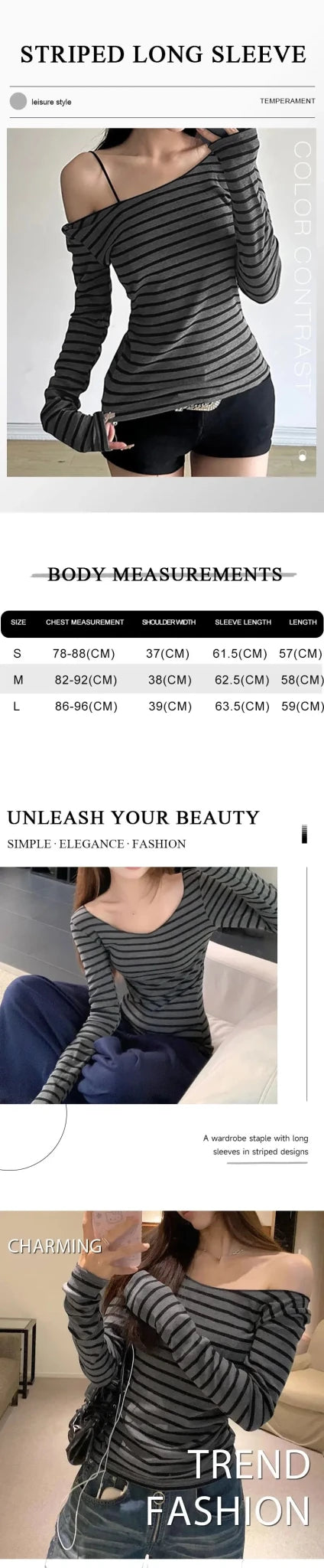 Spring Fall Women's New Japanese Basic Models Slim Long-Sleeved Striped t-Shirt Strapless Korean Street Style y2k Thin Tops - Chrissy's Eye