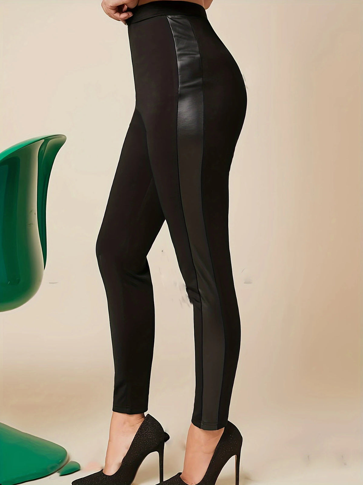 Solid color tight leggings PU leather splicing casual high waist stretch leggings women's clothing suitable for spring autu - Chrissy's Eye