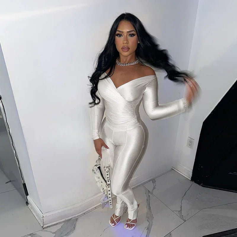 Solid Color V-neck Sexy Long-sleeved Top High Waist Pants Set - Chrissy's Eye