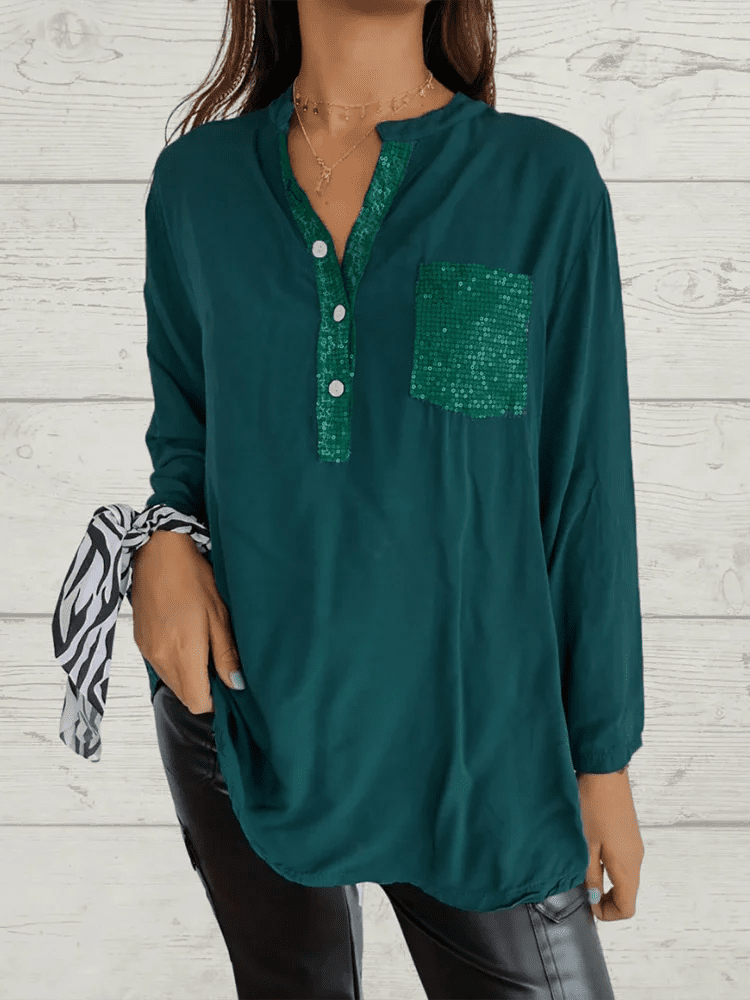 Autumn Sparkling Pocket Button Shirt Office Women's V-Neck Long Sleeved Blouse Casual Every Day Top Clothes - Chrissy's Eye