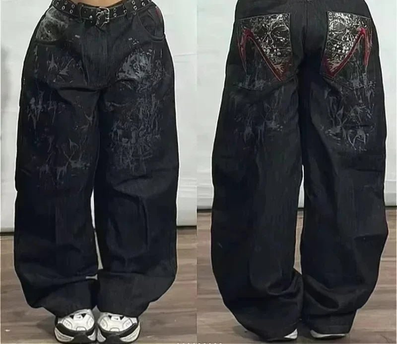 Street Fashion Trend Skull Embroidered Jeans Women Harajuku Y2K New Hip Hop Joker Straight Wide-leg Pants Couple Casual Jeans - Chrissy's Eye