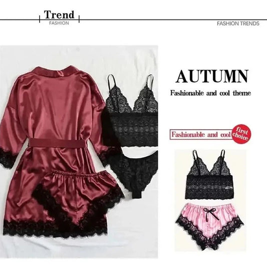 Women's Fashion Pajama Print Sexy Lace Trim Faux Silk Satin Pajama Set Gown Skin Friendly Comfort Loungewear Sexy Pajamas - Chrissy's Eye