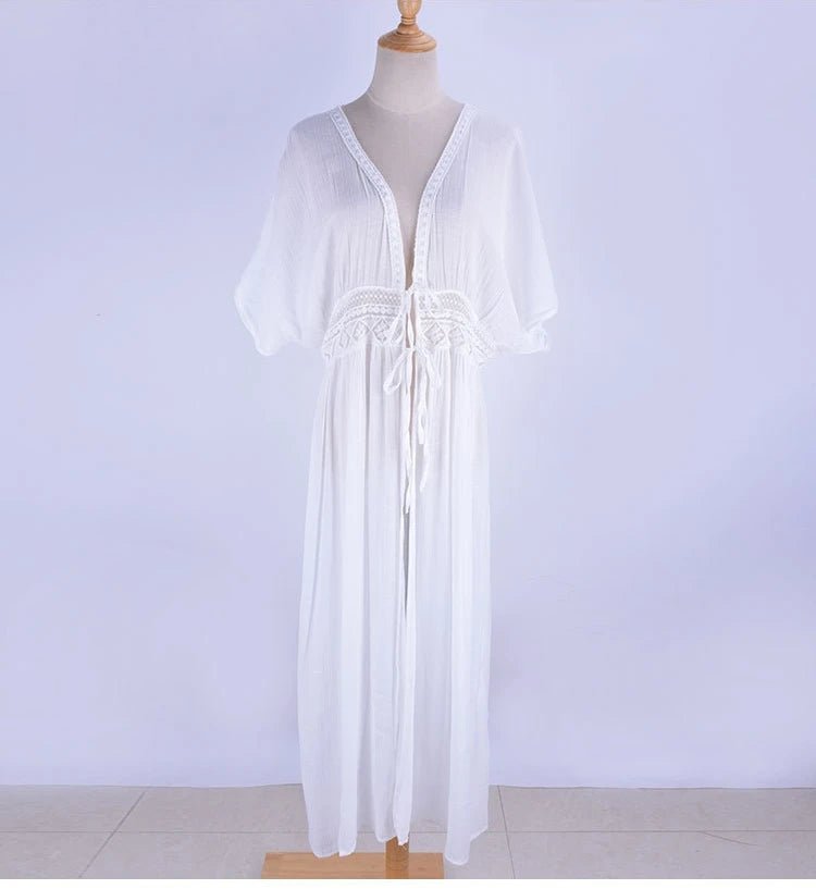 Womens Long Lace Cover Up Sheer Bikini Kimono Tie Front Bathing Suit Swimsuit Beachwear - Chrissy's Eye