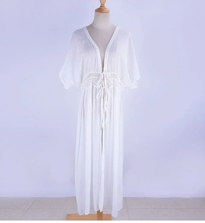 Womens Long Lace Cover Up Sheer Bikini Kimono Tie Front Bathing Suit Swimsuit Beachwear - Chrissy's Eye