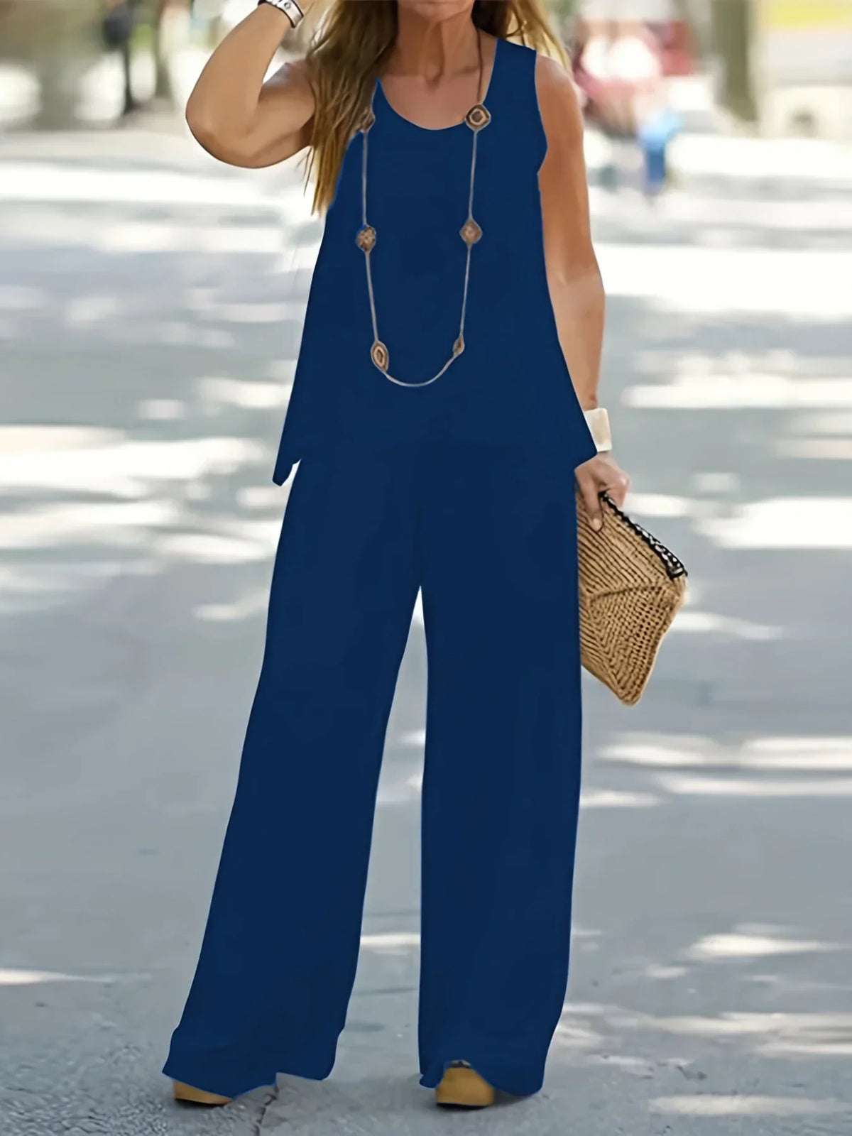 Plus Size 1XL-5XL Women's Casual Outfits Two Piece Set Solid Round Neck Tank Top Wide Leg Pants Outfits 2 Piece Set - Chrissy's Eye