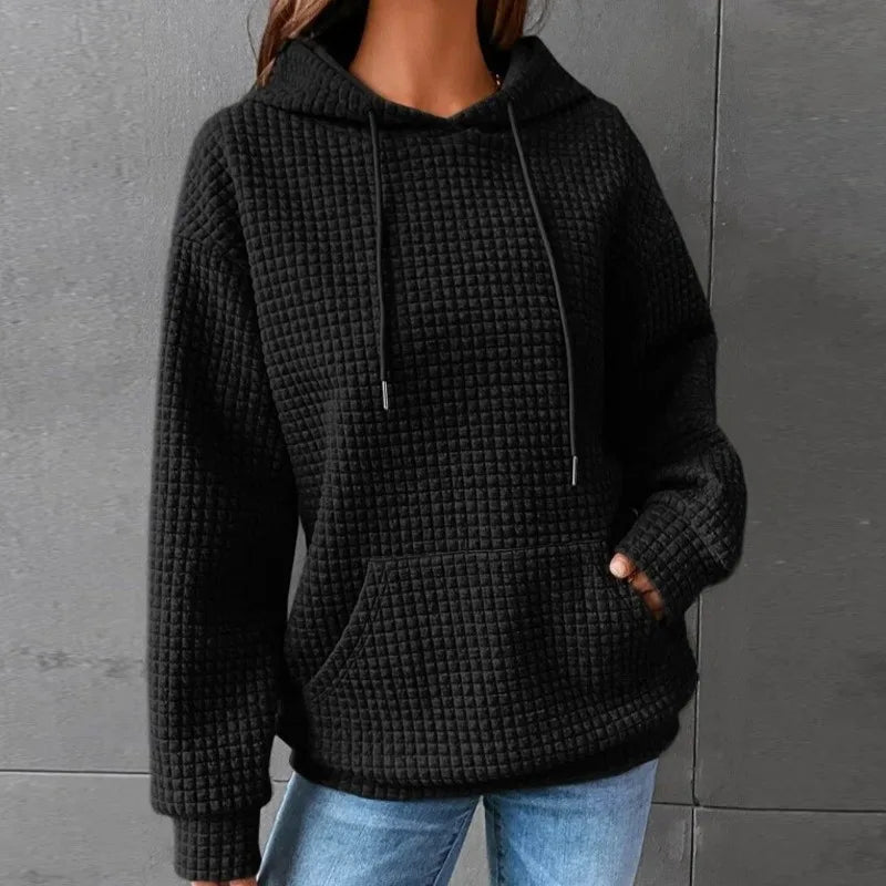 Women's hooded sweatshirt spring and autumn style waffle fashion beautiful solid color hooded drawstring loose sweatshirt - Chrissy's Eye