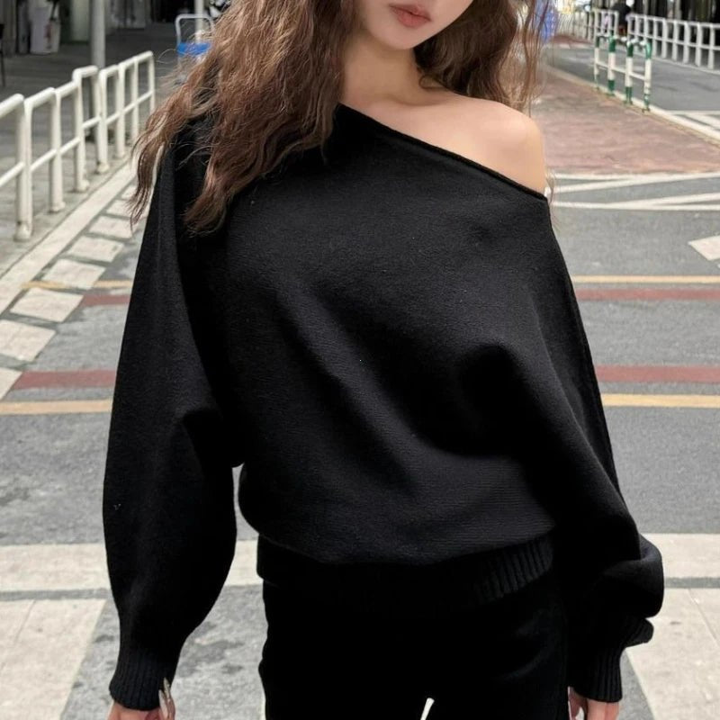 Batwing Long Sleeve Knitted Pullover Women Thick Off Shoulder Sweater - Chrissy's Eye