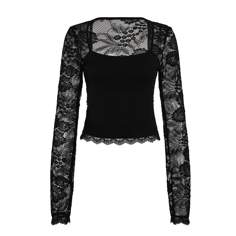 SsTss Solid Slim Sheer Lace Top for Women Fashion Hollow Out Long Sleeve Square Neck Slim Stretch Basic Crop T Shirt for Dating - Chrissy's Eye