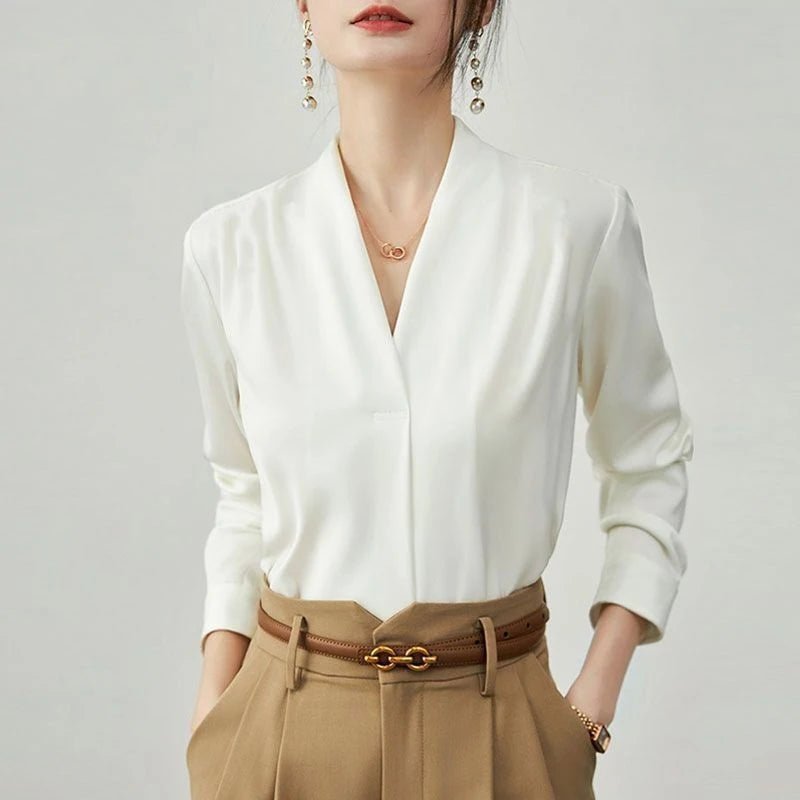 Korean Solid Color V-neck Long Sleeve Lady Chiffon Shirt Spring Autumn Elegant Simple Loose Fit Women's Commuting Shirt New 128 - Chrissy's Eye
