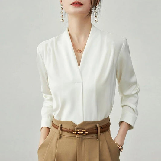 Korean Solid Color V-neck Long Sleeve Lady Chiffon Shirt Spring Autumn Elegant Simple Loose Fit Women's Commuting Shirt New 128 - Chrissy's Eye