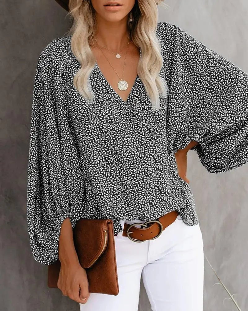 2023 New European and American Cross Boder Spring/Summer/Autumn V-neck Casual Shirt Printed Lantern Sleeve Top Women's W - Chrissy's Eye