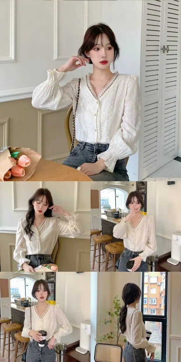 Ele Women's Long Sve Lace irt V-Ne Design Korean Sle Commute Cotton Blend Fabric Pure Color Straight Cut - Chrissy's Eye