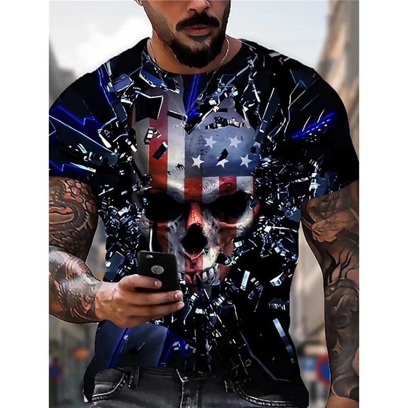 Men's Retro Flag Printed T-shirt 3D Skull Round Neck Short Sleeve Casual Breathable - Chrissy's Eye