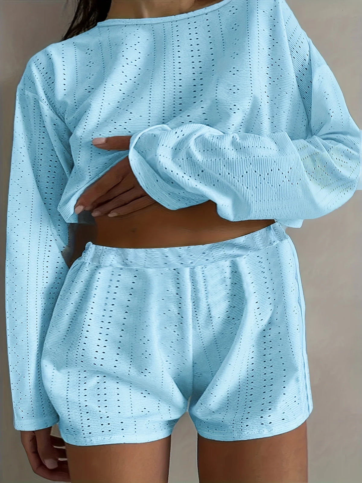Plus Size Eyelet Casual Shorts Set, Crew Neck Long Sleeve Top & Shorts Outfits, Women's Plus Size Clothing - Chrissy's Eye