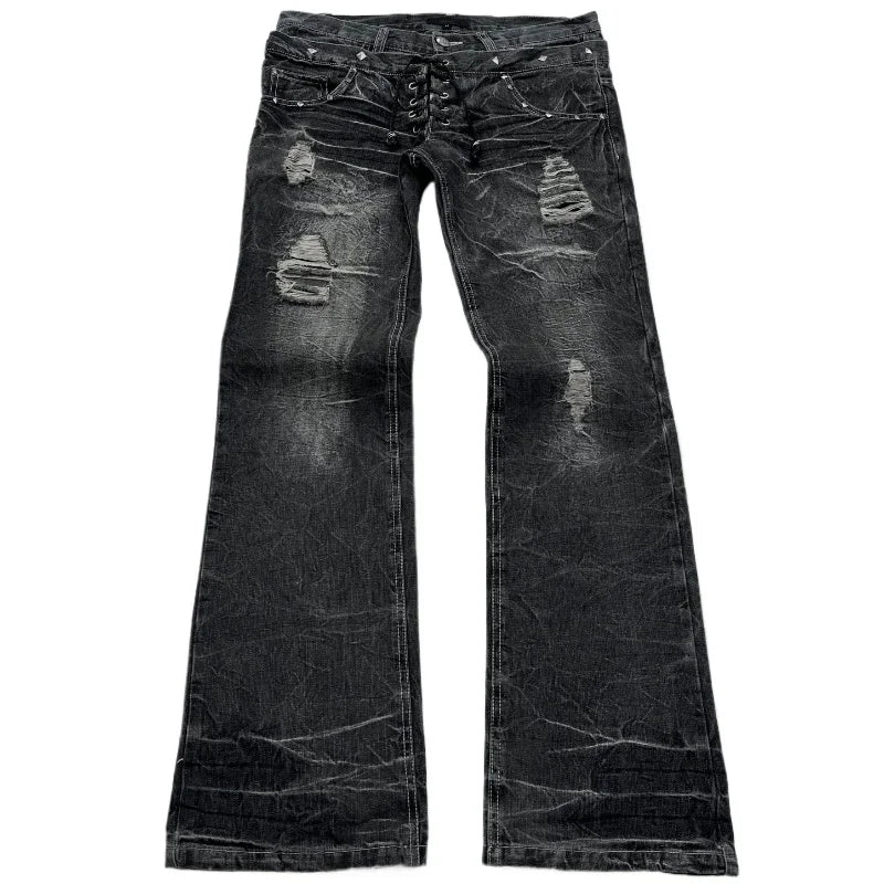 New Retro Double Waisted Lace Up Micro Flared Women Pants Streetwear Y2K Washed High-Quality Design Sense Men and Women Jeans - Chrissy's Eye