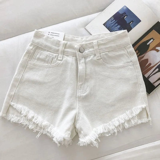 New Summer Women High Wiast Raw Hem Denim Shorts Soild White Black Blue Korean Wide Leg Pants Mon Shorts DURIKIES - Chrissy's Eye