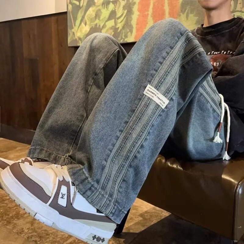 Three bar American retro jeans men's spring and autumn new style high street elastic waist loose casual men's straight leg long - Chrissy's Eye