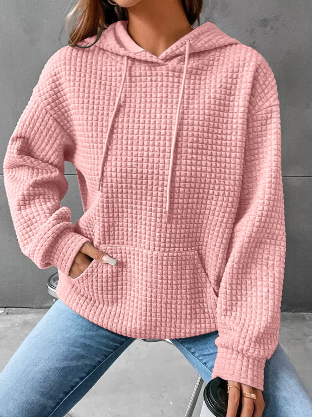 Women's hooded sweatshirt spring and autumn style waffle fashion beautiful solid color hooded drawstring loose sweatshirt - Chrissy's Eye