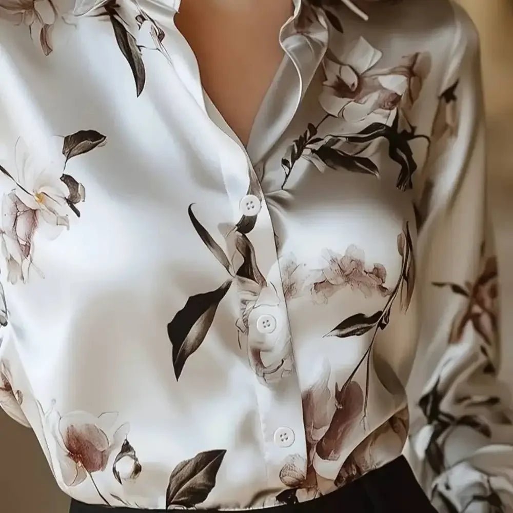 Elegant Intellectual Women's Satin Floral Print Shirt | Soft & Smooth V-Neck Long-Sleeve Button Formal Top for Spring - Chrissy's Eye