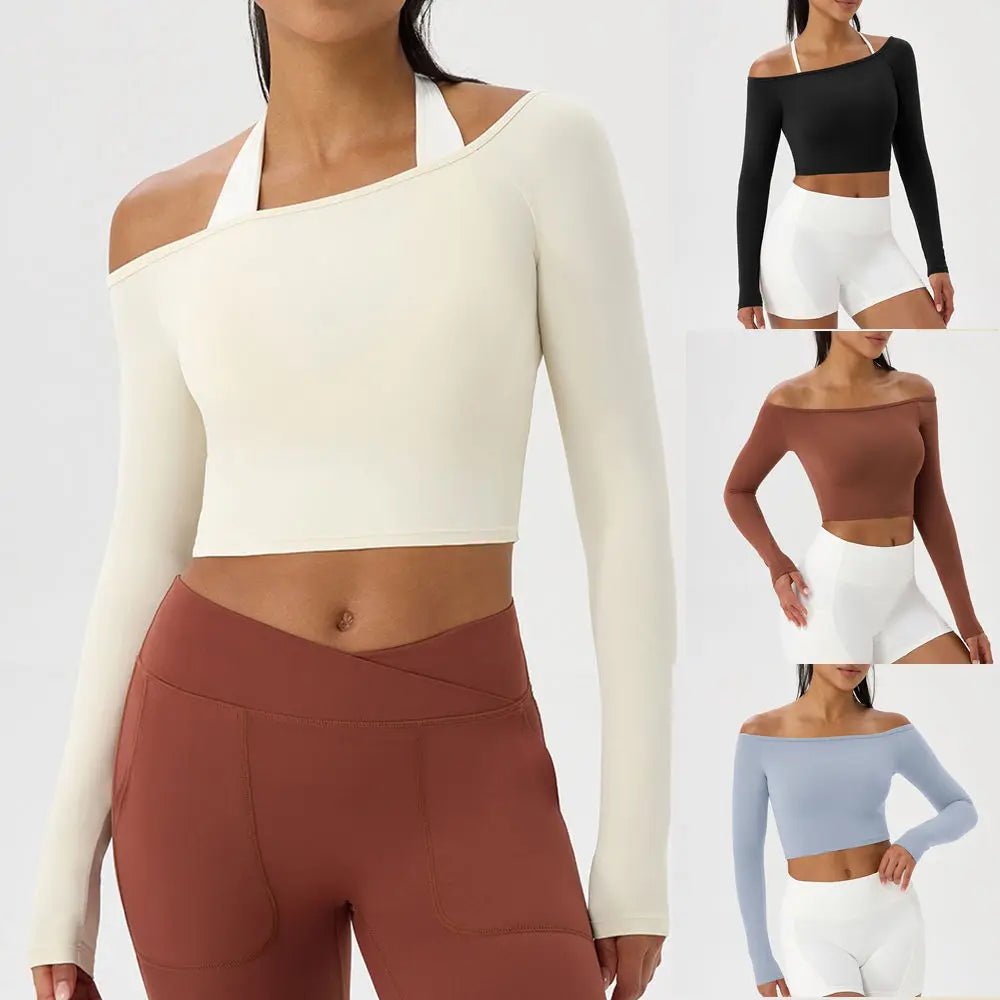 Women Sexy Off Shoulder Yoga Top Long Sleeve Gym Running Top Solid Quick-Dry Sport Workout Shirt - Chrissy's Eye