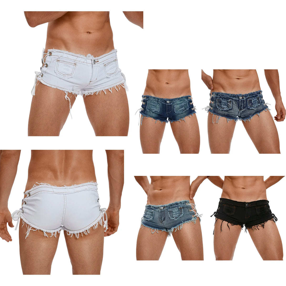 Men's Low Rise Extra Short Hot Pants Raw Edge Ripped Denim Shorts with Sides Lace-up Booty Jeans Shorts for Rave Party Clubwear - Chrissy's Eye
