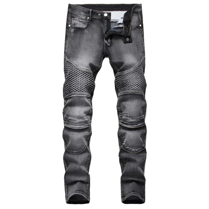 Men's New Casual Motorcycle Jeans Hip Hop Street Riding Stretch Slim Fit Straight Pants Patchwork Fashion Denim Trousers Male - Chrissy's Eye