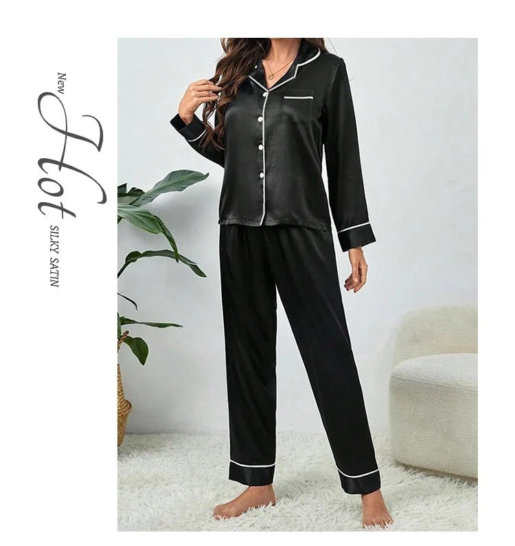 Plus Size Fall and Winter Silk Satin Women Pajamas Set Button down Top & Trousers 2 PCS Set Sleepwear Solid Nightwear Loungewear - Chrissy's Eye