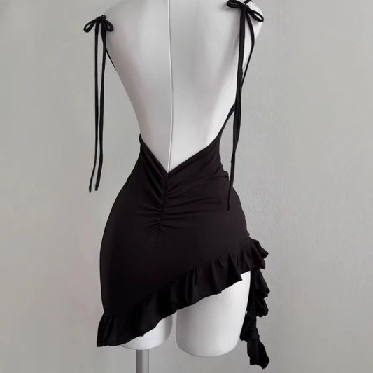 2025 Sexy Sleelveless Backless Mini Dress Women Summer Europe America Lace Up Bodycon Dresses High Street Party Club Black Dress - Chrissy's Eye