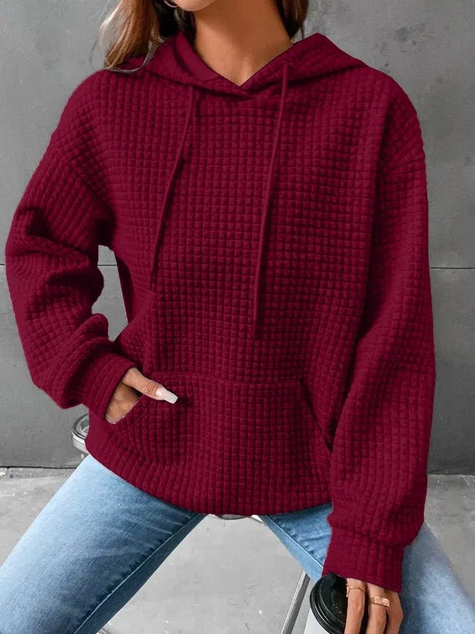 Women's hooded sweatshirt spring and autumn style waffle fashion beautiful solid color hooded drawstring loose sweatshirt - Chrissy's Eye