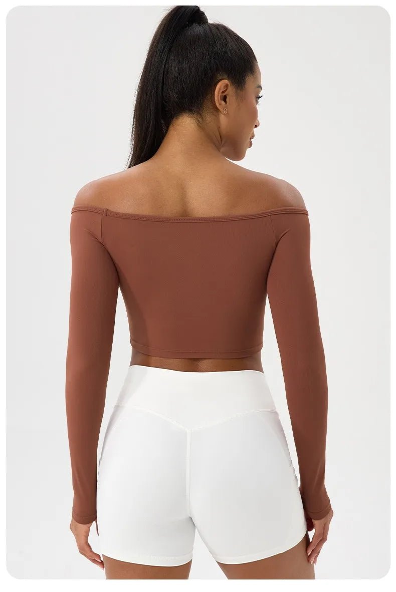 Women Sexy Off Shoulder Yoga Top Long Sleeve Gym Running Top Solid Quick-Dry Sport Workout Shirt - Chrissy's Eye