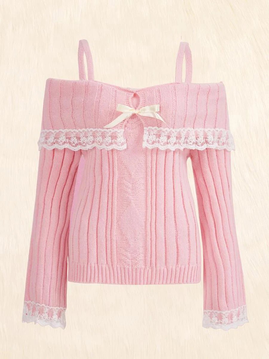 Women Long Sleeve Contrast Lace Knit Pullovers Cold Shoulder Sweaters, Beige/Pink - Chrissy's Eye