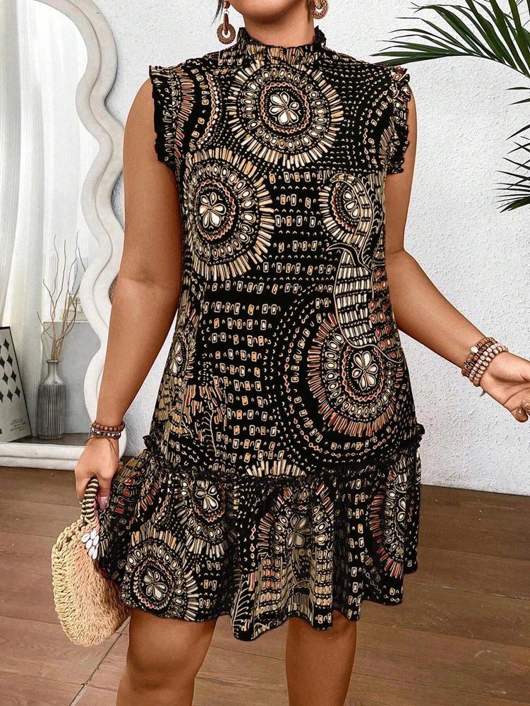 Plus Size 2025 Summer New Women's Elegant Slim Fit Short Sleeve Dress - Black gold and red paisley print ruched hem Round Neck - Chrissy's Eye