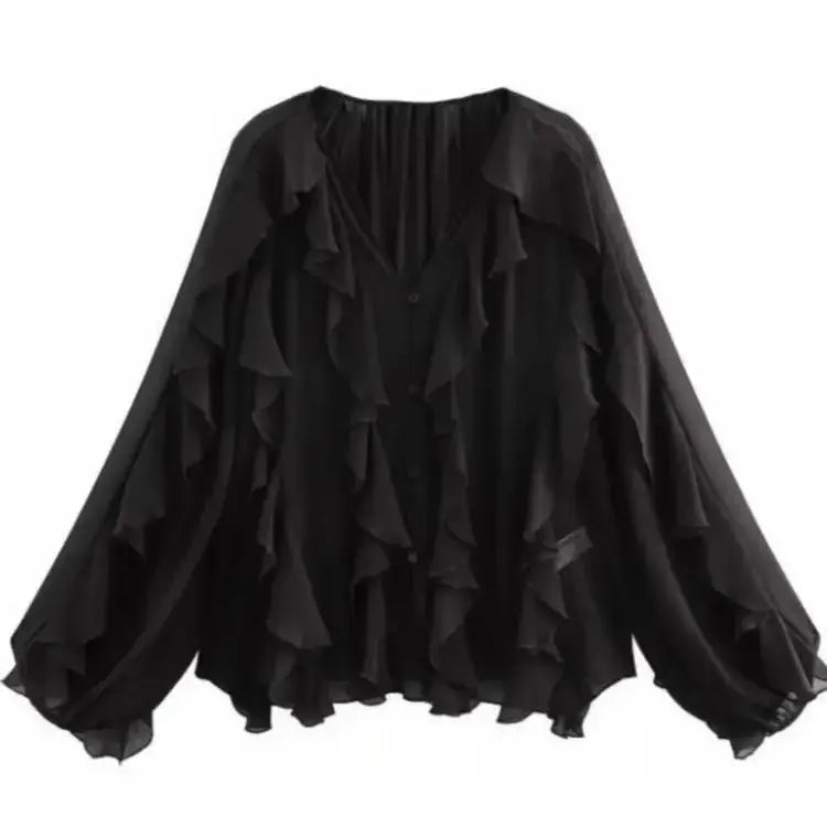 2026 Summer Chic Women's Elegant Loose Long Sleeve Layered Shirts Office Lady Vintage V-neck Translucent Tierred Ruffles Blouses - Chrissy's Eye
