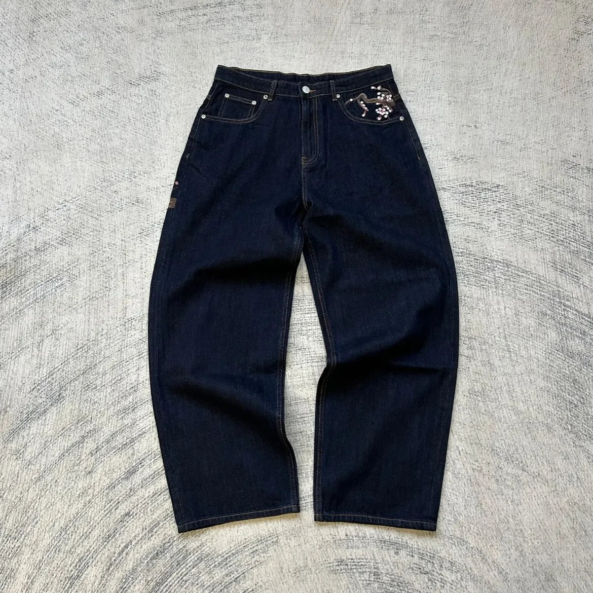 Vintage Low Waist Hip Hop Cherry Blossom Embroidered Jeans Wide Leg Trousers Y2K Clothes Mens Womes Embroidered Baggy Jeans - Chrissy's Eye