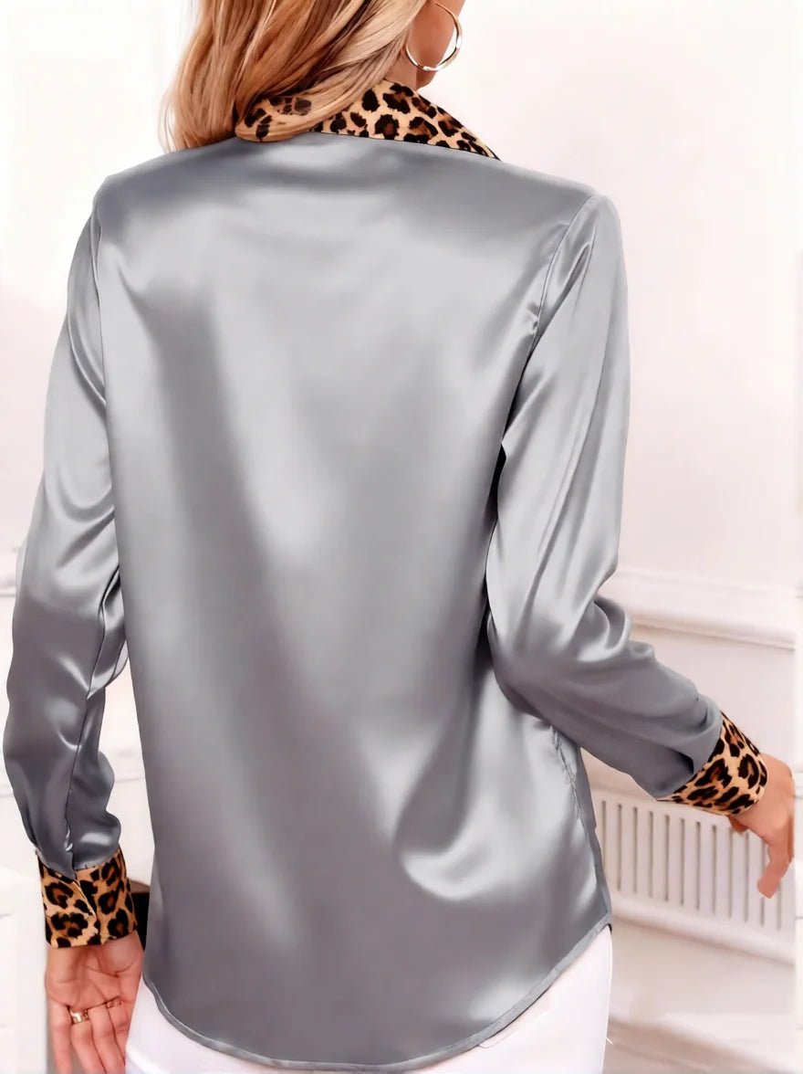 Leopard Collar & Cuff Satin Blouse for Women - White Long Sleeve Button Down Silk-Like Top Office to Evening Chic Shirt blouse - Chrissy's Eye