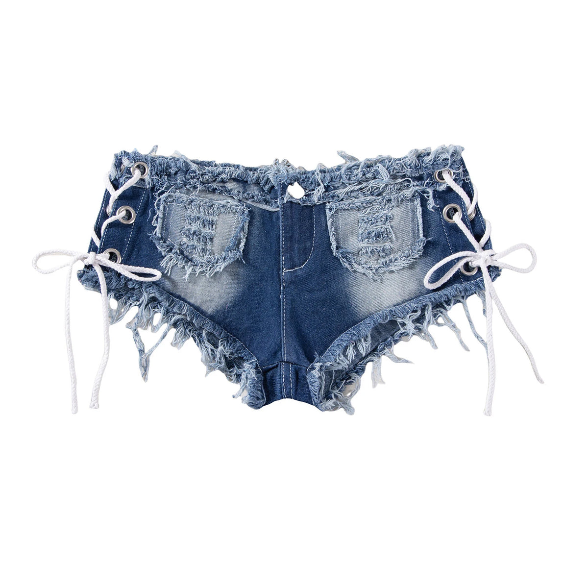 Men's Low Rise Extra Short Hot Pants Raw Edge Ripped Denim Shorts with Sides Lace-up Booty Jeans Shorts for Rave Party Clubwear - Chrissy's Eye