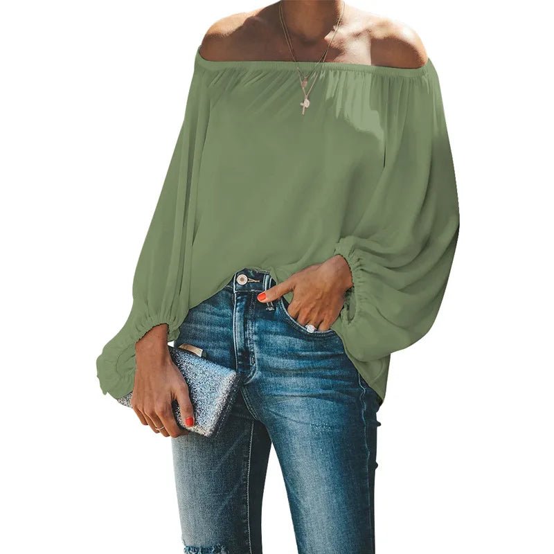 2024 off-shoulder tops for women autumn new one-shoulder solid color lantern sleeves loose long-sleeved T-shirt - Chrissy's Eye