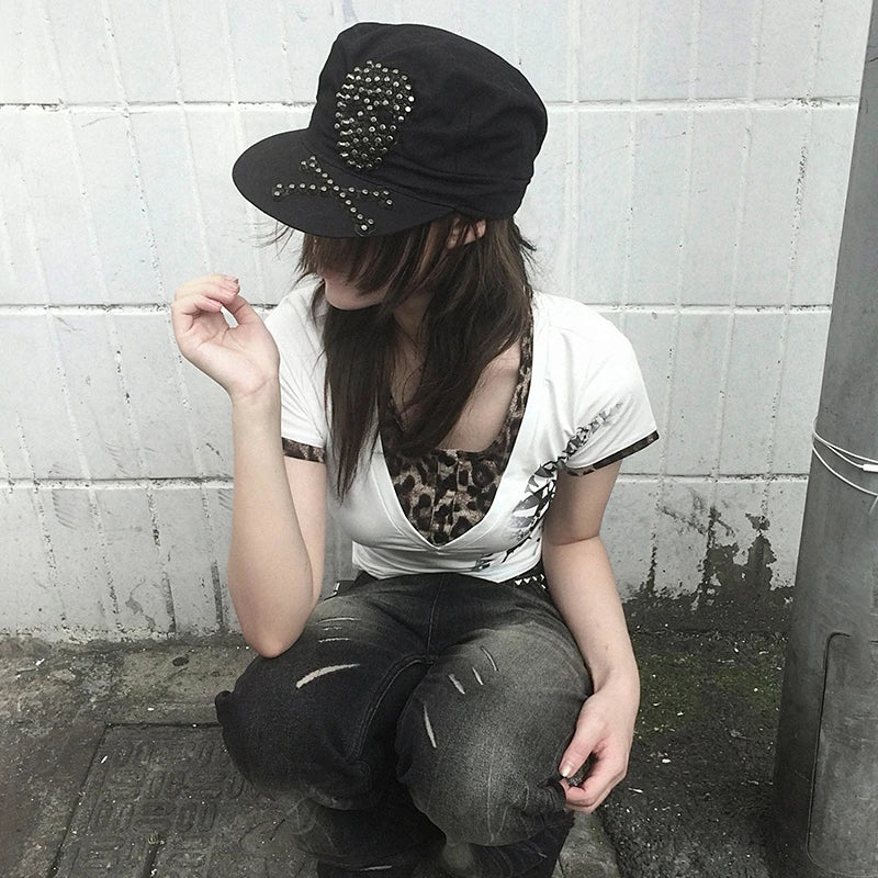 Two-piece Tops Trashy 2000s Style Tattoo Print T-shirt Vintage with Leopard print T-shirt arrached - Chrissy's Eye