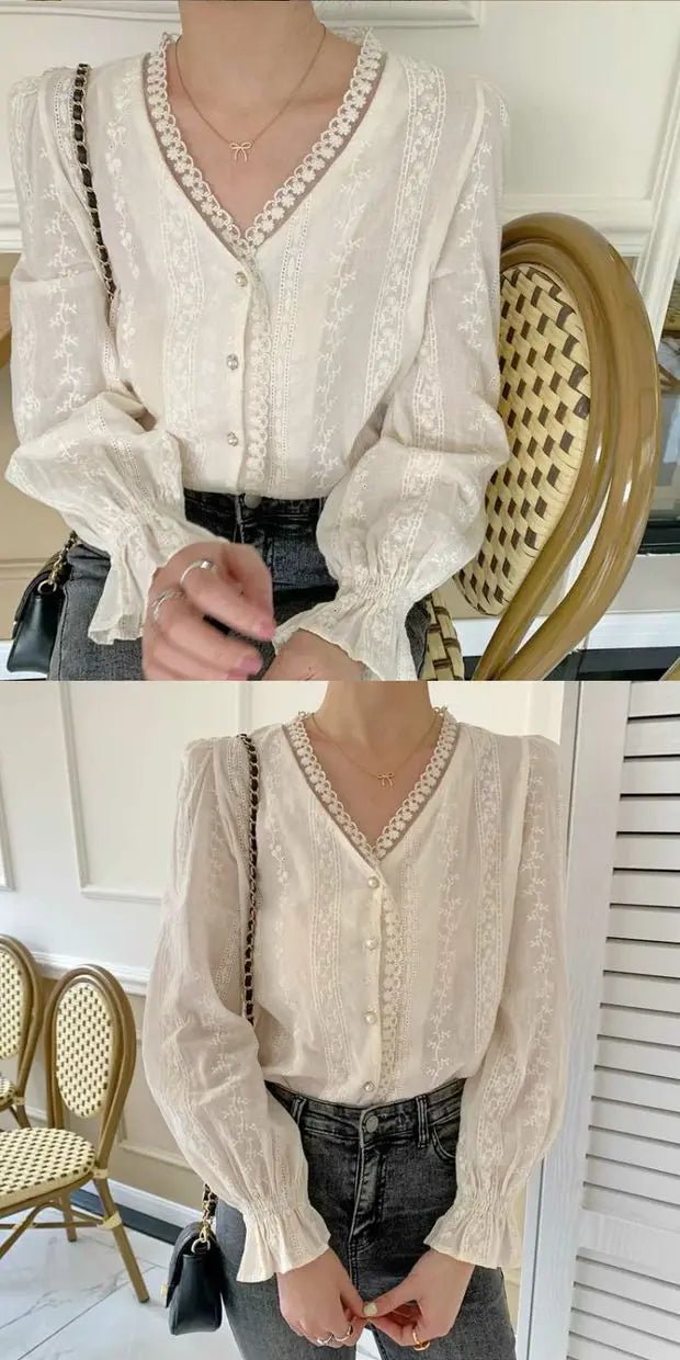 Ele Women's Long Sve Lace irt V-Ne Design Korean Sle Commute Cotton Blend Fabric Pure Color Straight Cut - Chrissy's Eye