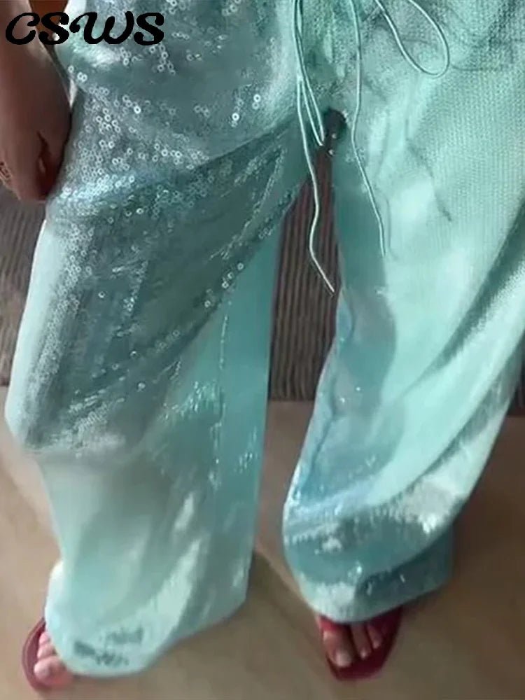 Fashion Sequin Loose Pants Women Solid Drawstring High Waist Wide Leg Trousers Female 2026 Fashion Summer Shinny Bottom Lady - Chrissy's Eye