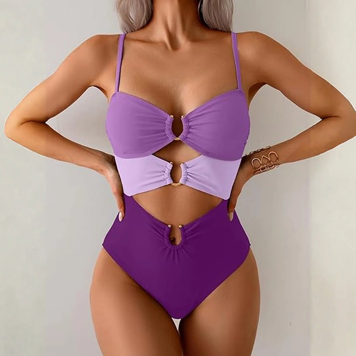 Sexy Cutout Swimsuit Solid Color Summer Spaghetti Strap Color Block Ring Detail One Piece Beach High Cut Bathing Suit - Chrissy's Eye