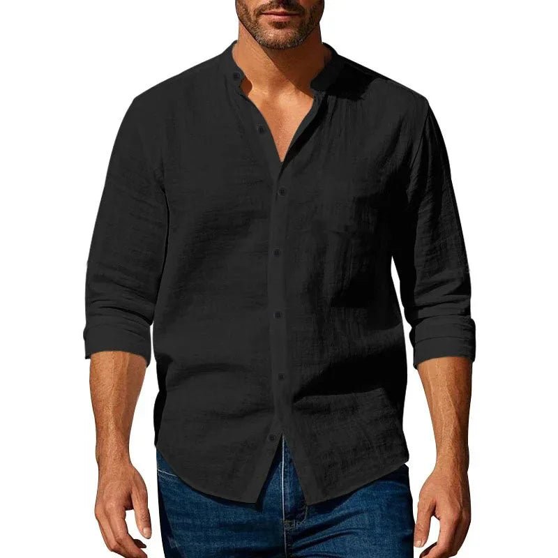 Cotton Linen Shirt for Men Henley Neck Solid Color Lightweight Breathable Slim Fit Single Breasted Shirt Long Sleeve Button Up - Chrissy's Eye