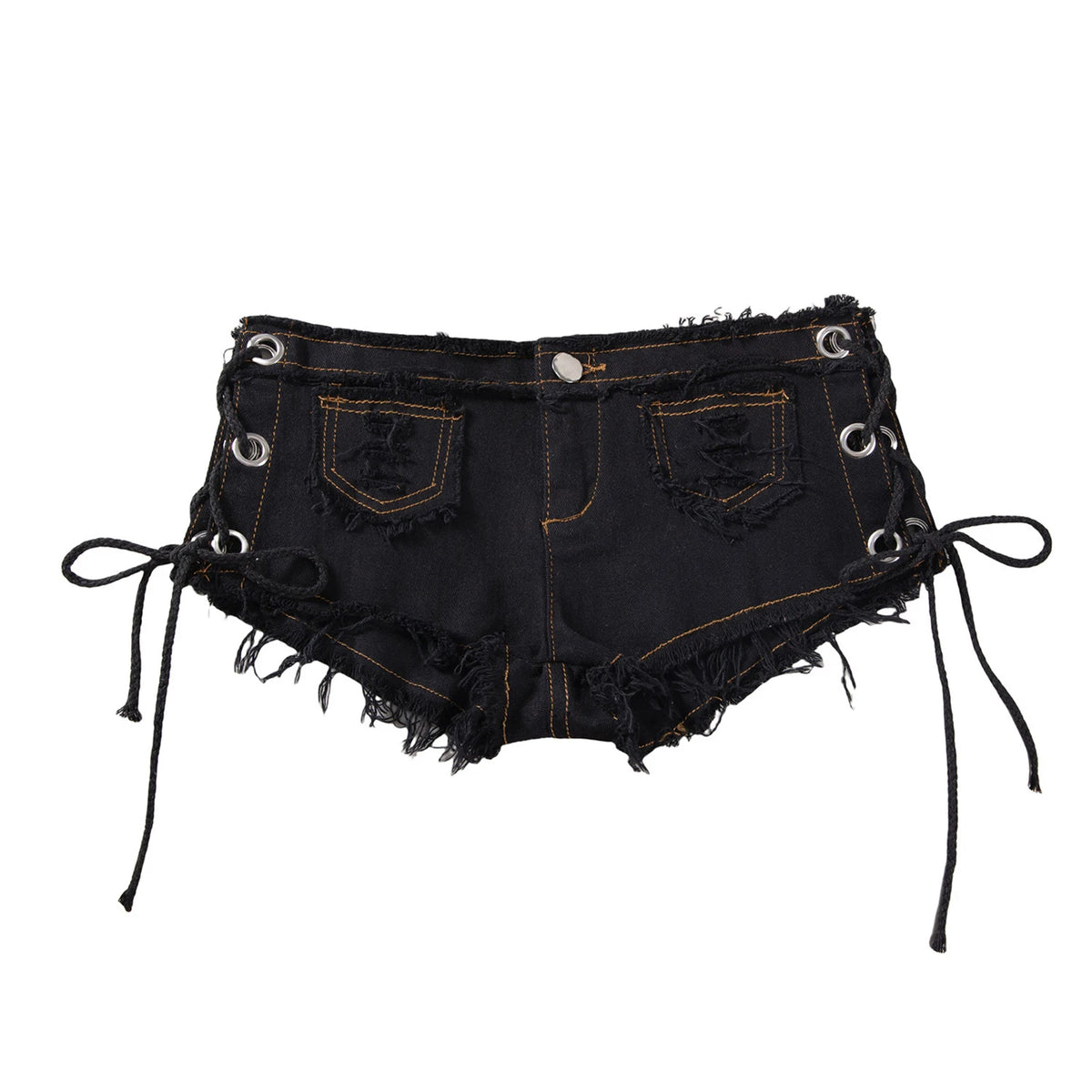 Men's Low Rise Extra Short Hot Pants Raw Edge Ripped Denim Shorts with Sides Lace-up Booty Jeans Shorts for Rave Party Clubwear - Chrissy's Eye