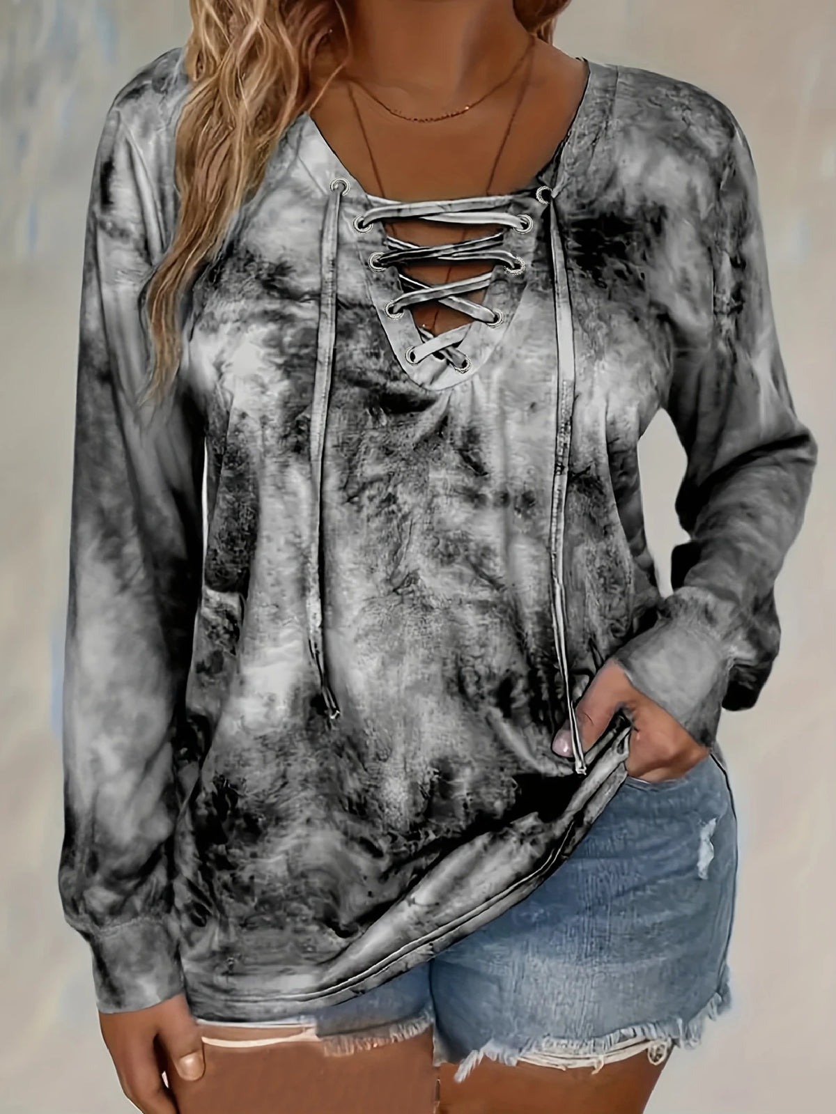 plus size women's tie dye printed long sleeved T-shirt made of polyester knitted fabric elegant lace up casual and comfortable - Chrissy's Eye
