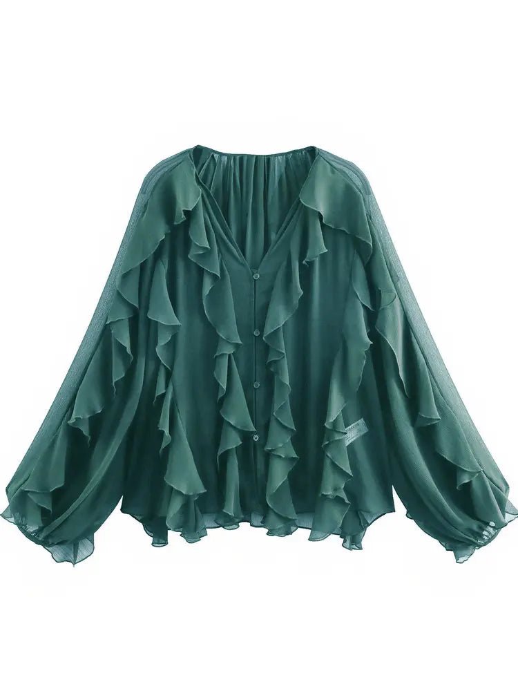 2026 Summer Chic Women's Elegant Loose Long Sleeve Layered Shirts Office Lady Vintage V-neck Translucent Tierred Ruffles Blouses - Chrissy's Eye