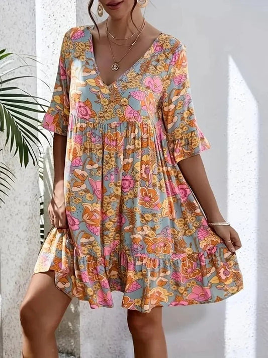 Plus Size Women Summer Floral Print Dress Clothes Casual Short Sleeve Loose Ruffle Hem Beach Party-Dress Popular Bohemian Style - Chrissy's Eye