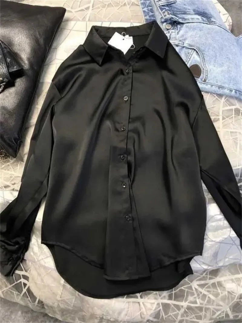 Plus Size Casual Women Silk Shirt 2025 New Fashion Loose Long Sleeve Button-Down Blouse Female Elegant Top Office Acetate Shirts - Chrissy's Eye
